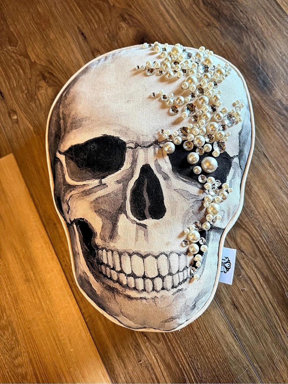 CXL by Christian Lacroix Beaded Rhinestone Skull Shaped Decorative Pillow White